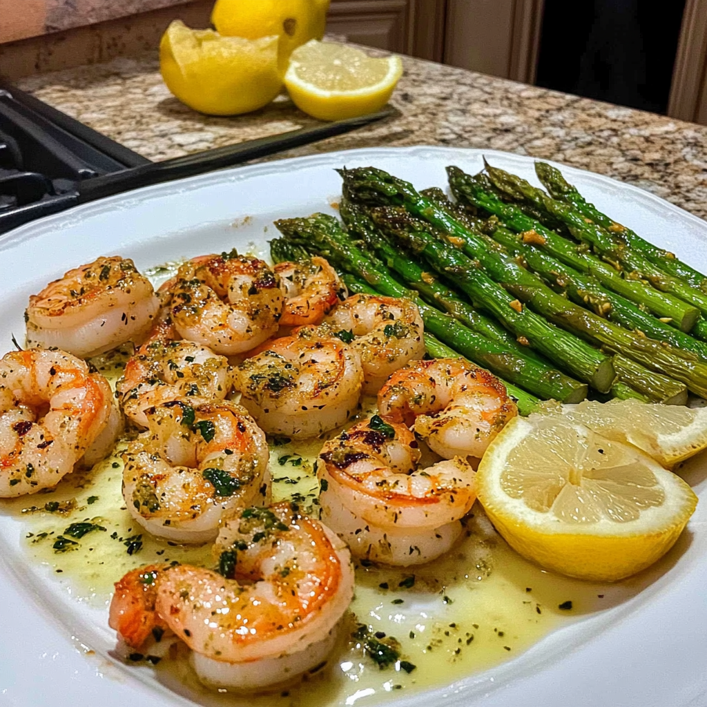 Recipe preparation for Sheet Pan Pesto Shrimp & Baby Asparagus