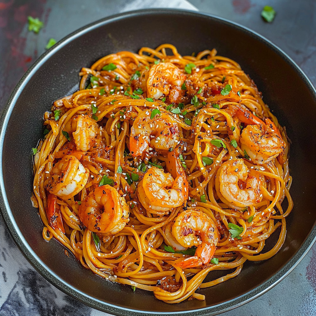 Recipe preparation for 30-Minute Garlic Chili Noodles with Shrimp