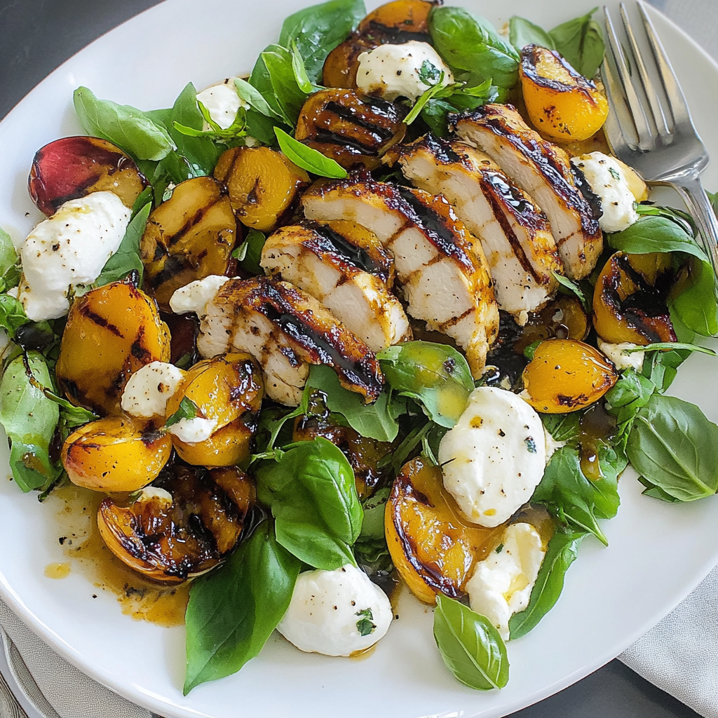 Recipe preparation for 30-Minute Grilled Peach & Burrata Chicken Salad