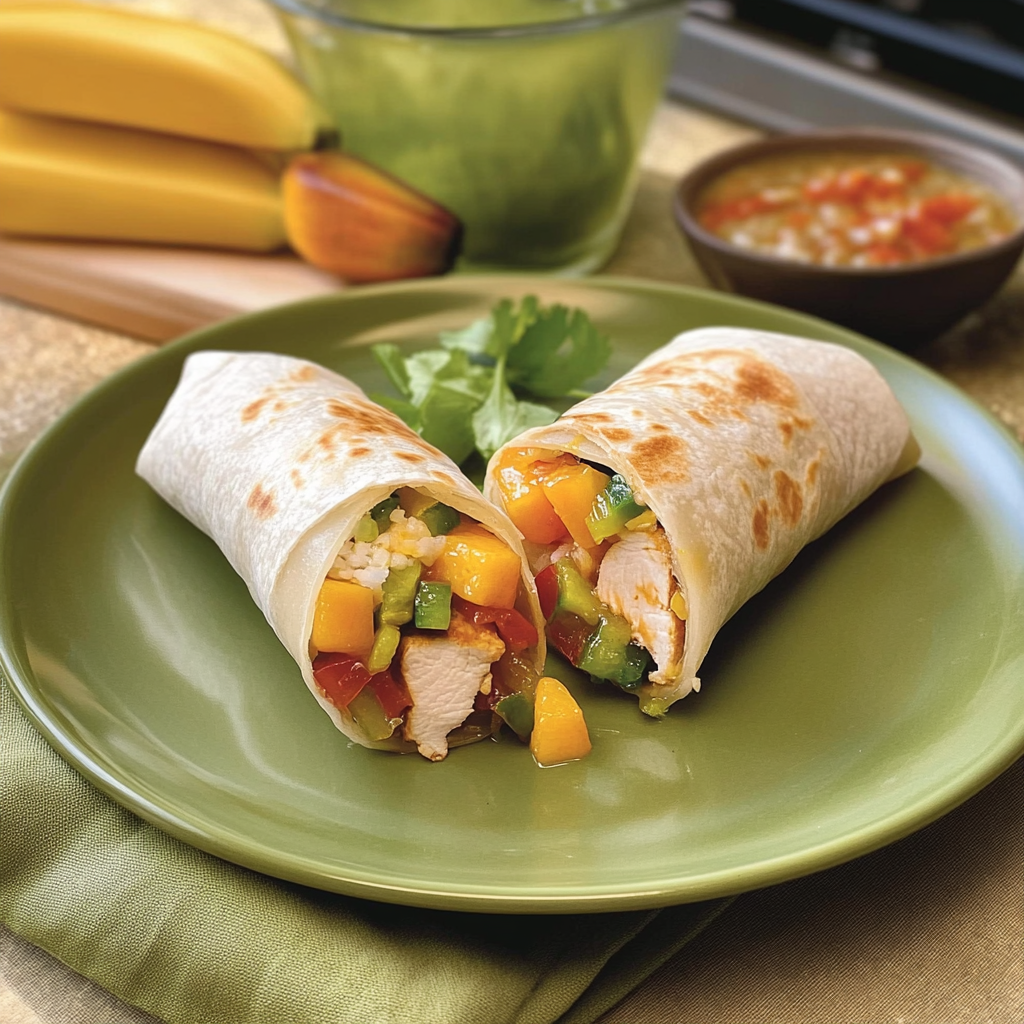 Recipe preparation for 30-Minute Spicy Mango Chicken Rice Wraps