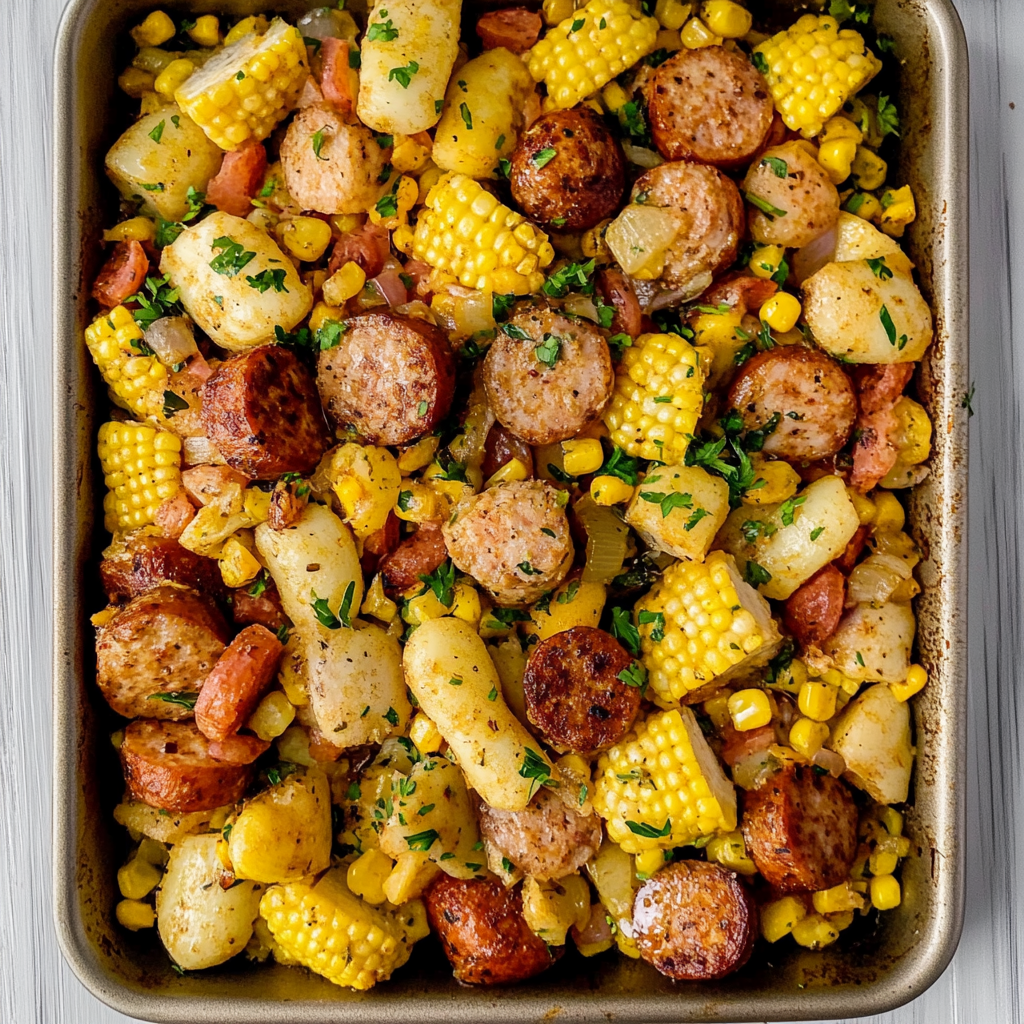 Recipe preparation for Sheet Pan Cajun Sausage & Summer Corn Medley