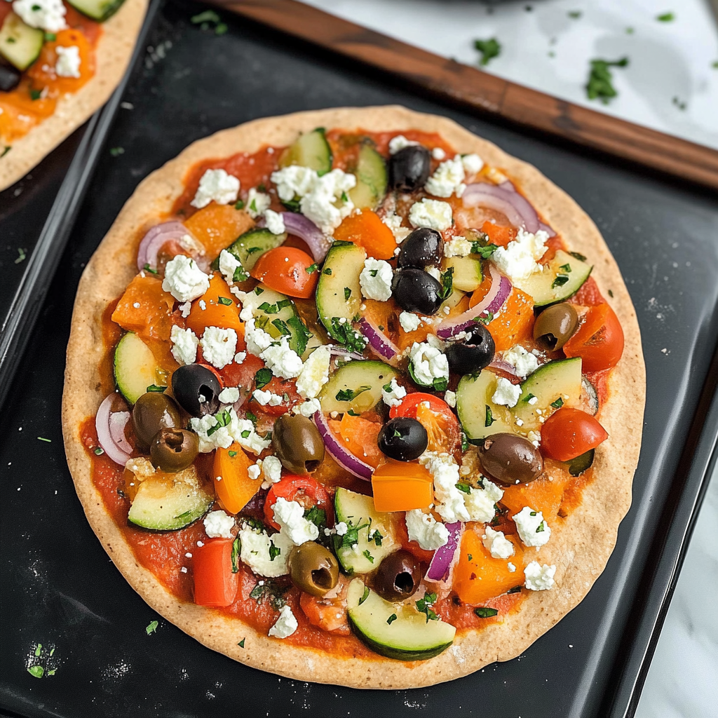Recipe preparation for 30-Minute Greek Pita Pizza with Feta & Olives