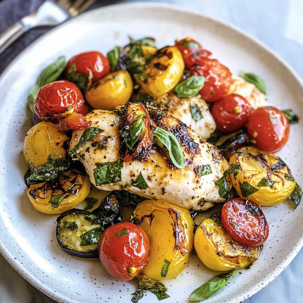Recipe preparation for Sheet Pan Balsamic Caprese Chicken with Summer Veggies