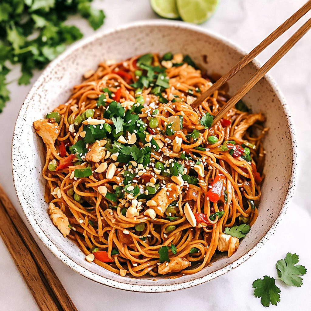 Recipe preparation for Instant Pot Spicy Thai Peanut Chicken Noodles