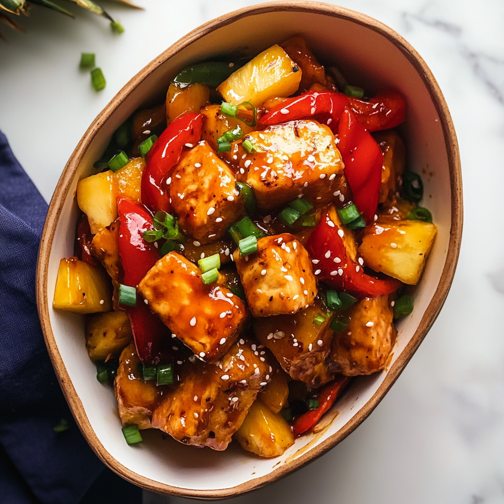 Recipe preparation for Sheet Pan Sweet Chili Tofu & Pineapple Stir-Fry