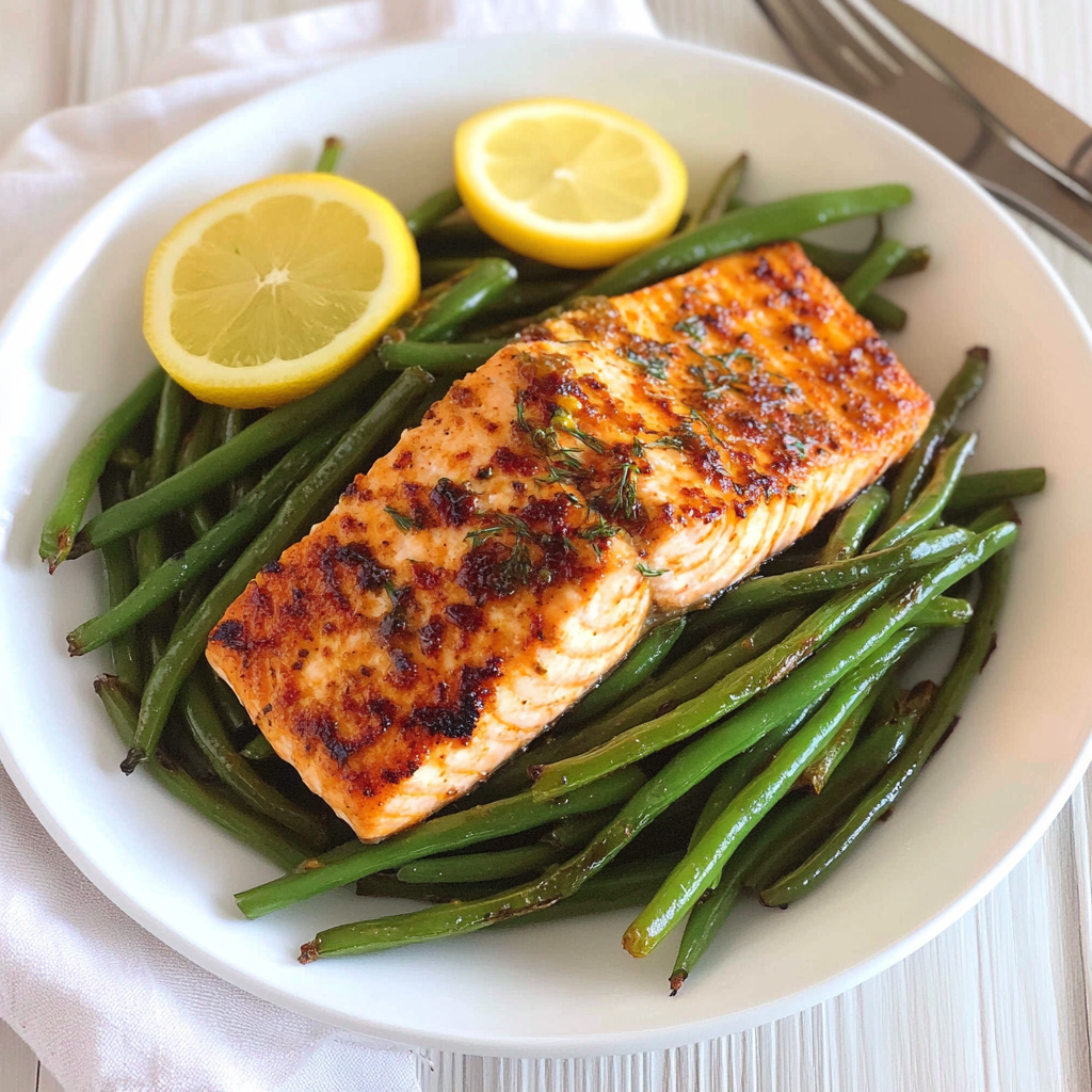 Recipe preparation for Sheet Pan Lemon Dill Salmon with Green Beans