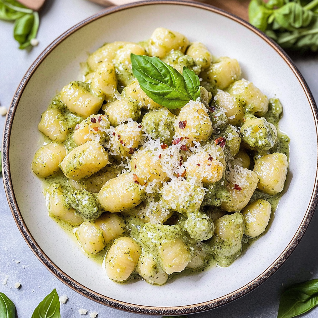 Recipe preparation for 30 minute creamy pesto gnocchi veggies