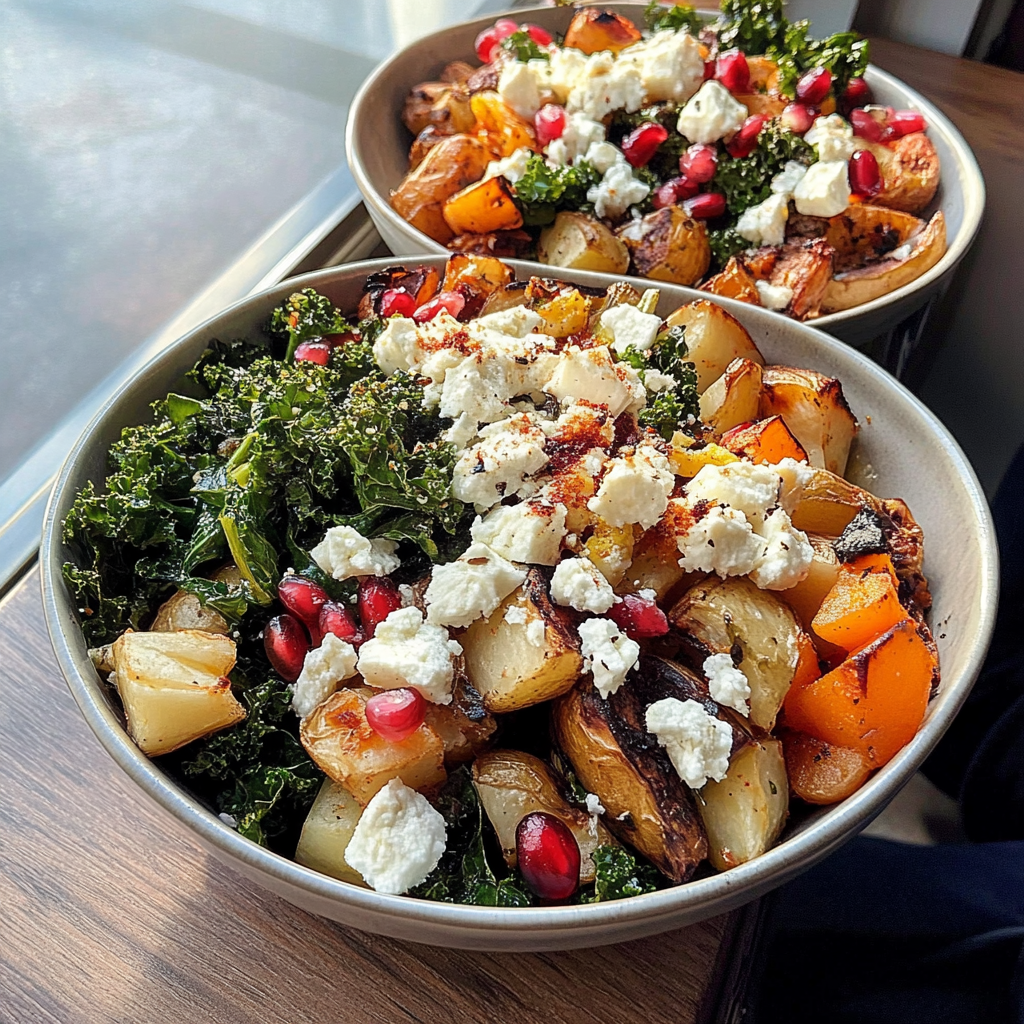 Recipe preparation for Sheet Pan Fall Harvest Bowl (Sweet Potatoes, Kale, Pomegranate, Feta)