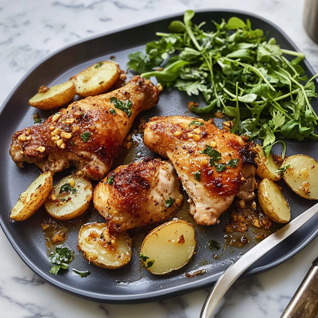 Recipe preparation for Sheet Pan Dijon Garlic Chicken and Potatoes