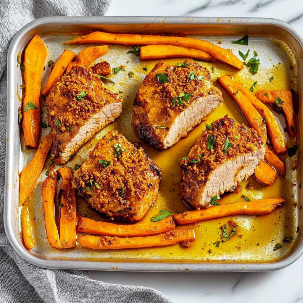 Recipe preparation for Sheet Pan Honey Mustard Pork Tenderloin with Carrots