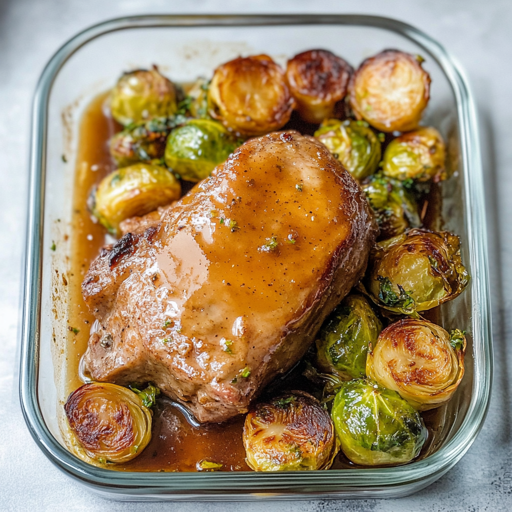 Recipe preparation for Sheet Pan Maple Dijon Pork with Brussels Sprouts
