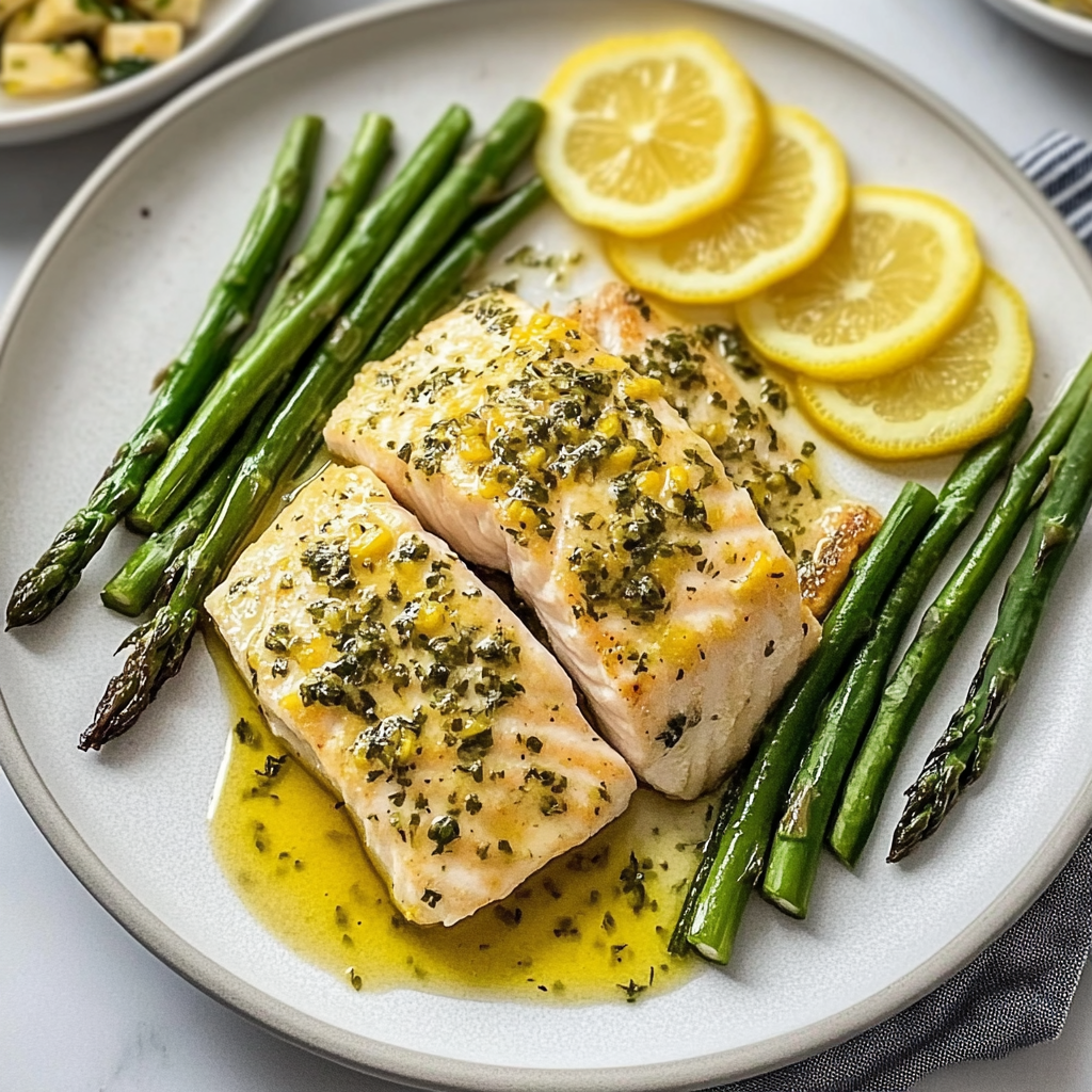 Recipe preparation for Sheet Pan Lemon Thyme Roasted Sea Bass & Asparagus