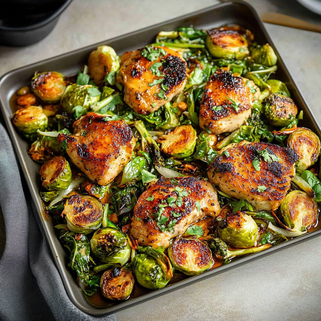 Recipe preparation for Sheet Pan Ginger Chicken & Brussels Sprouts
