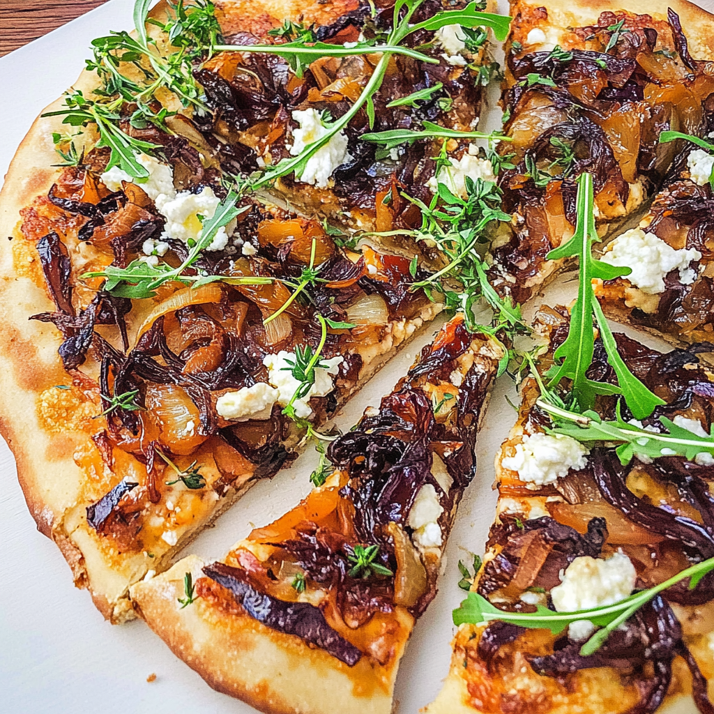 Recipe preparation for 30 minute Caramelized Onion Goat Cheese Flatbread