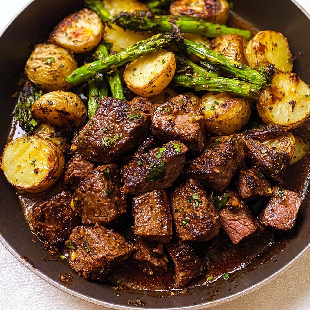Recipe preparation for Sheet Pan Roasted Garlic Herb Steak Tips with Vegetables