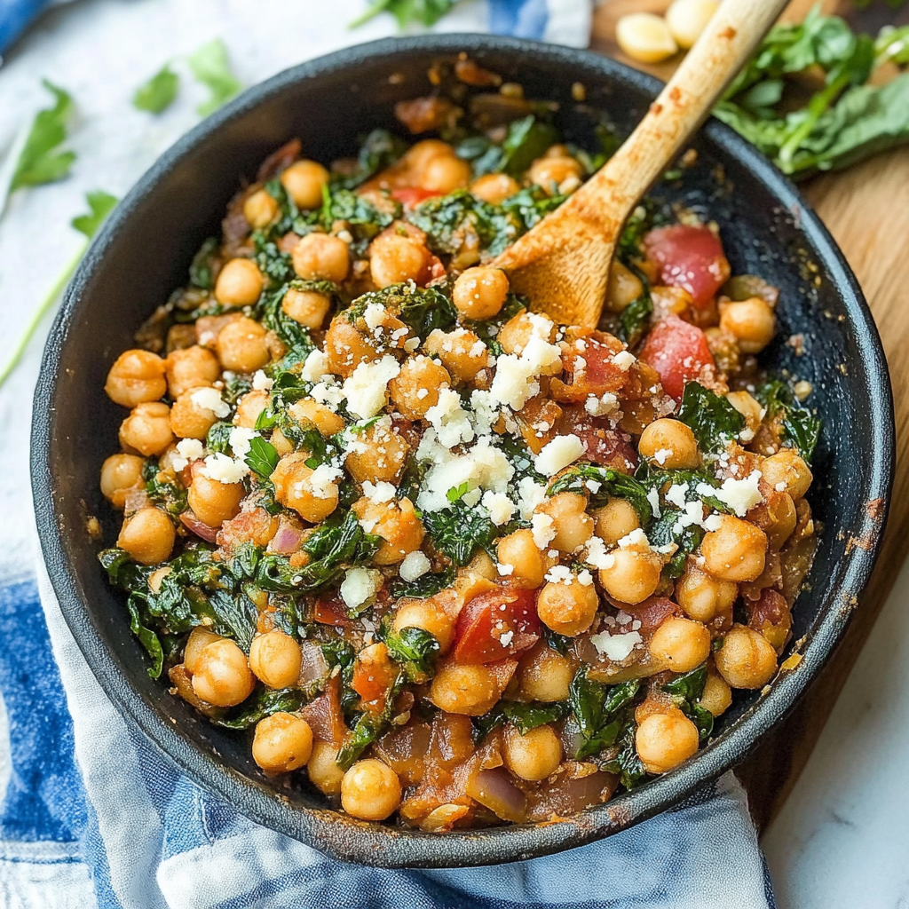 Recipe preparation for 30 minute Mediterranean Chickpea & Spinach Skillet