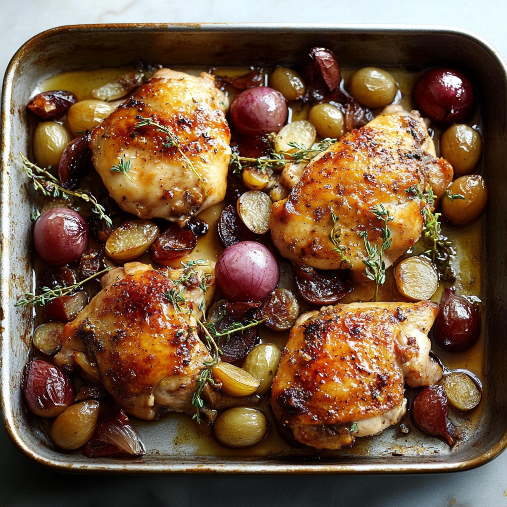 Recipe preparation for Sheet Pan Balsamic Fig Chicken with Red Onions & Grapes