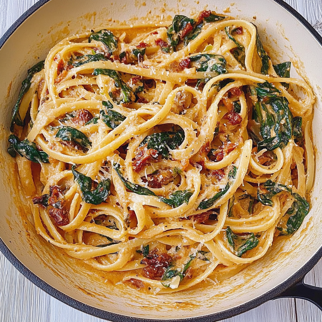 Recipe preparation for 30-Minute Spaghetti & Spinach with Sun-Dried Tomato Cream Sauce