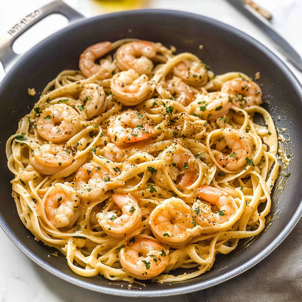 Recipe preparation for 30-Minute Garlic Butter Shrimp Pasta