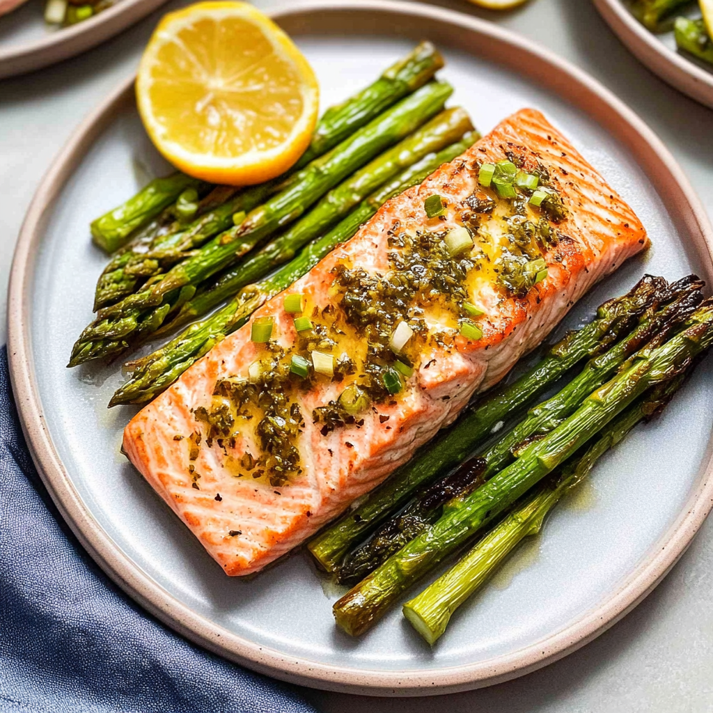 Recipe preparation for Sheet Pan Garlic Butter Salmon with Asparagus