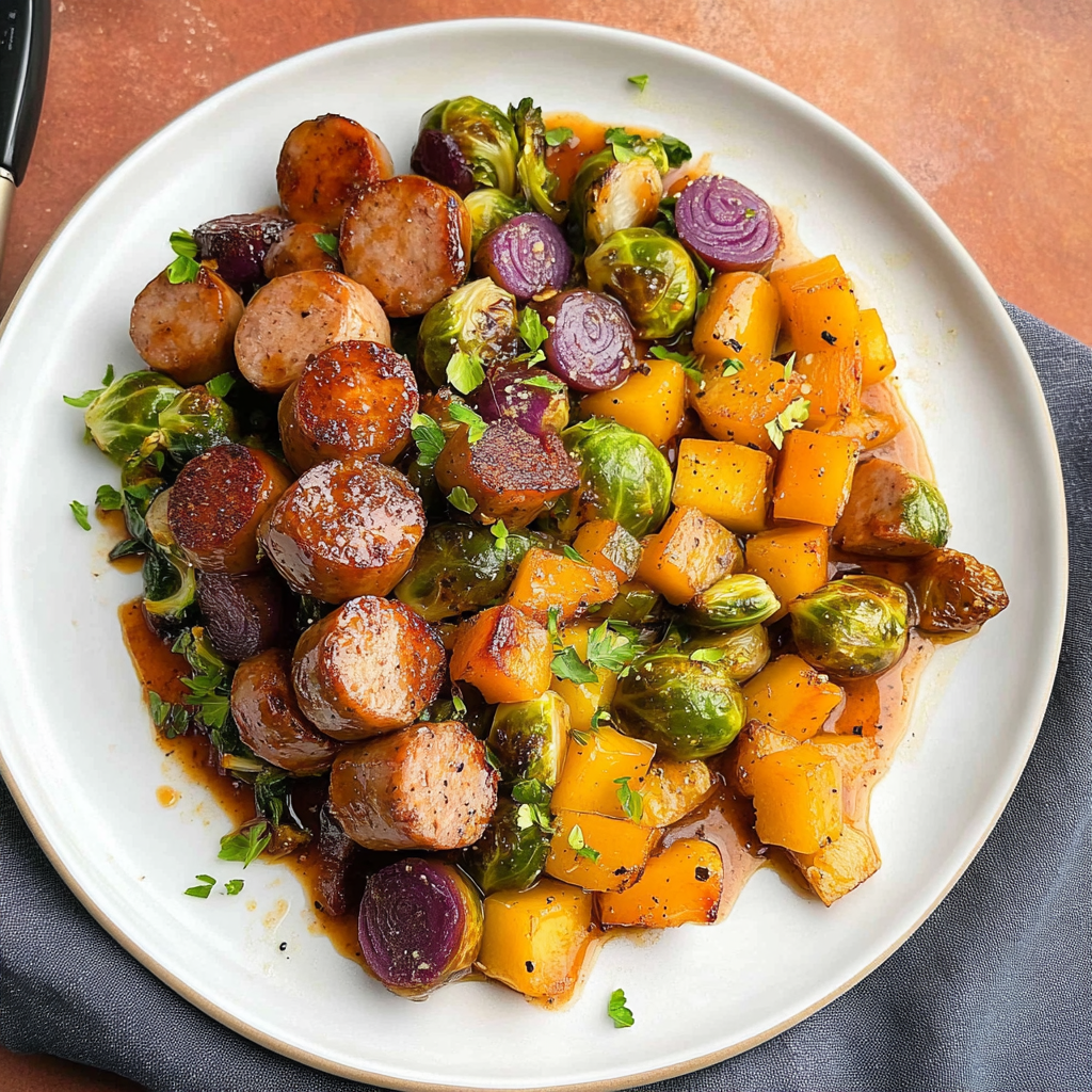 Recipe preparation for Sheet Pan Maple-Glazed Sausage with Apples & Brussels Sprouts