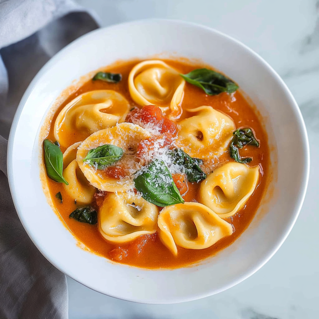 Recipe preparation for 30-Minute Creamy Tomato Basil Tortellini Soup