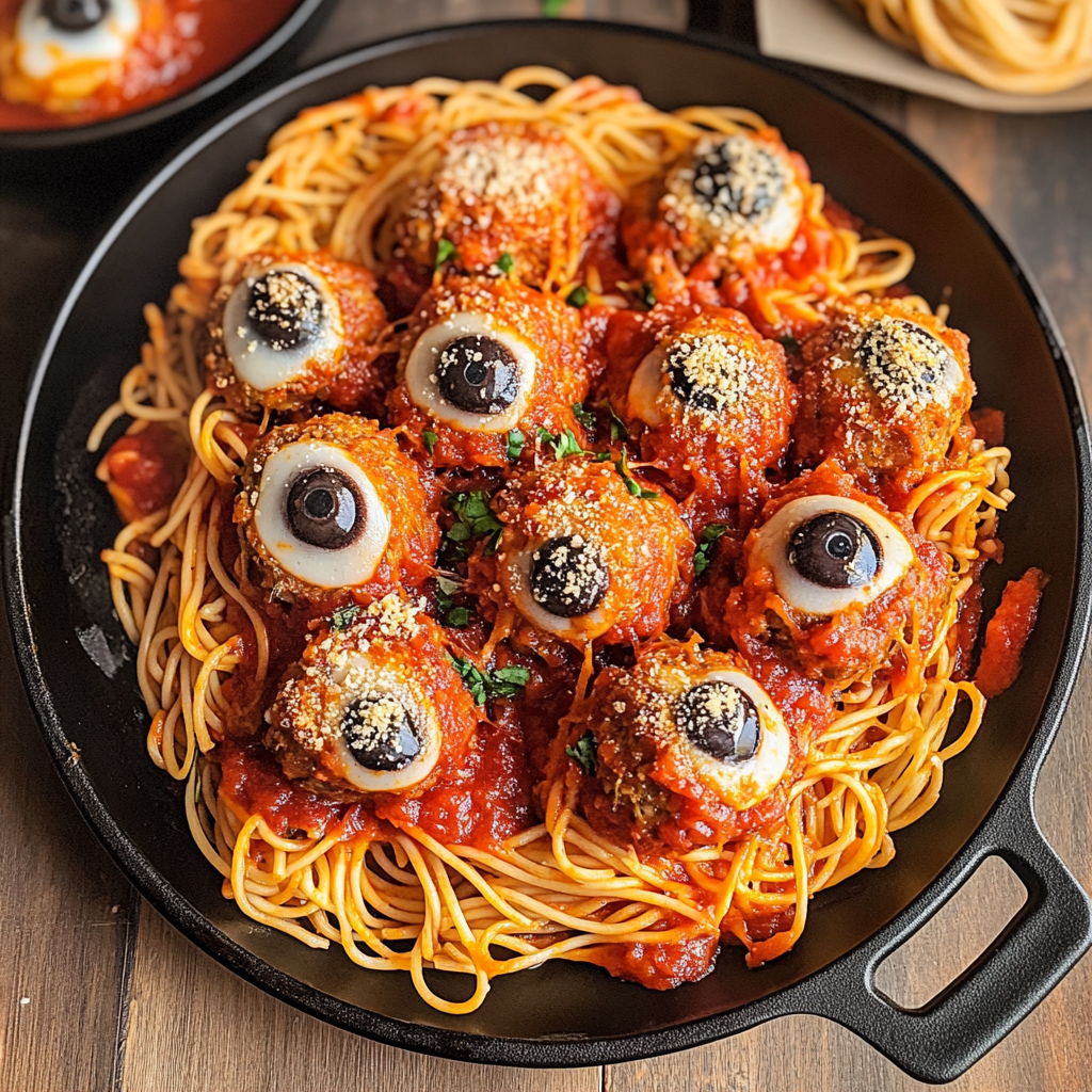 Recipe preparation for Crockpot Spaghetti & Eyeball Meatballs