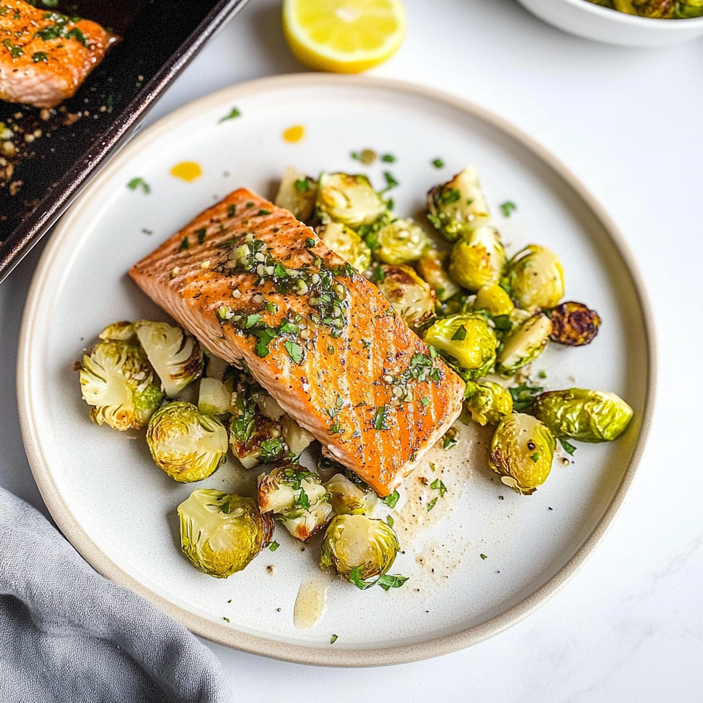 Recipe preparation for Maple Dijon Salmon & Brussels Sprouts Sheet Pan