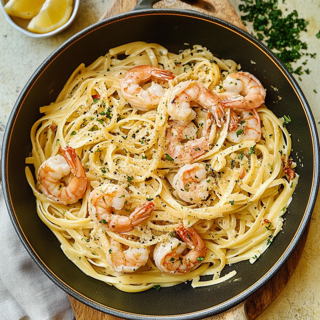 Recipe preparation for Shrimp Scampi Pasta