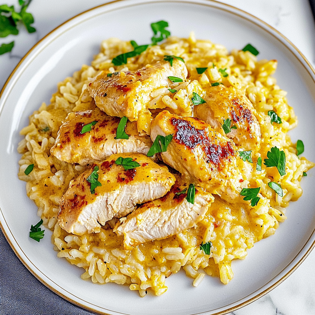 Recipe preparation for Garlic Parmesan Chicken & Rice Skillet