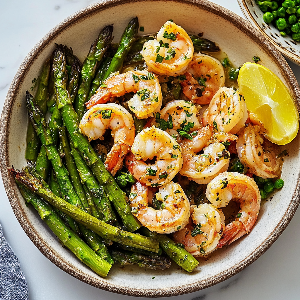 Recipe preparation for Garlic Butter Shrimp & Asparagus Sheet Pan