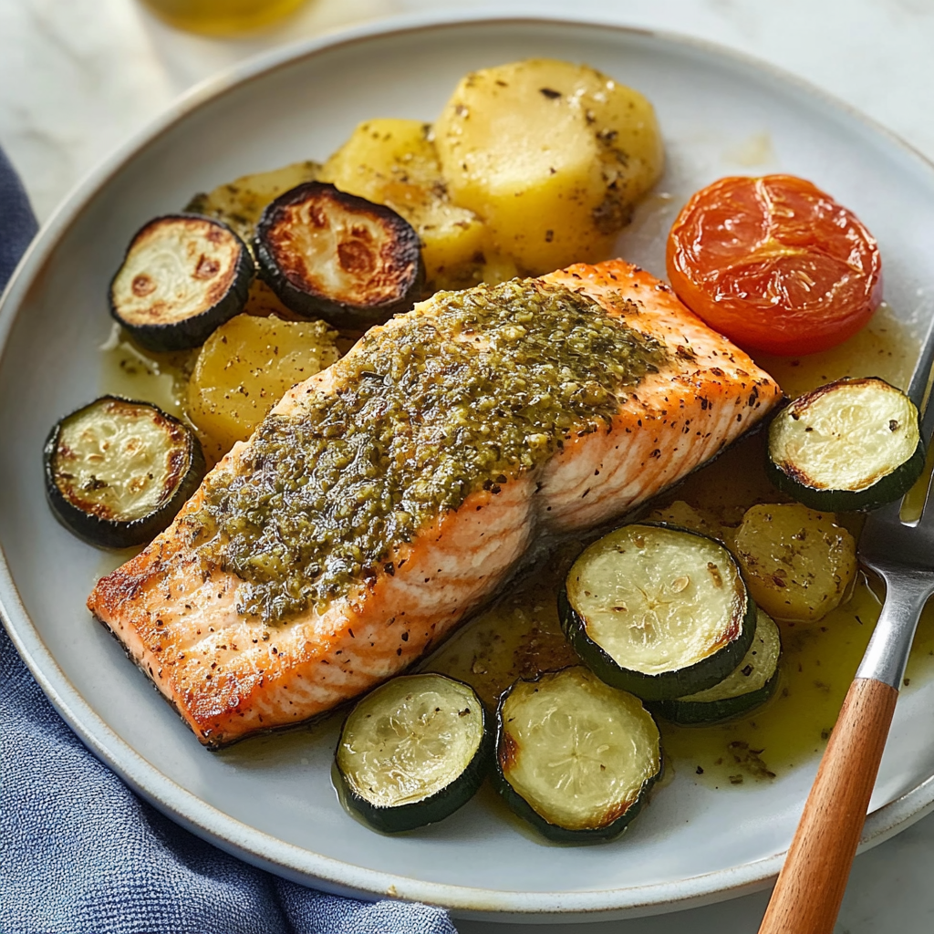 Recipe preparation for Sheet Pan Lemon Rosemary Salmon with Zucchini
