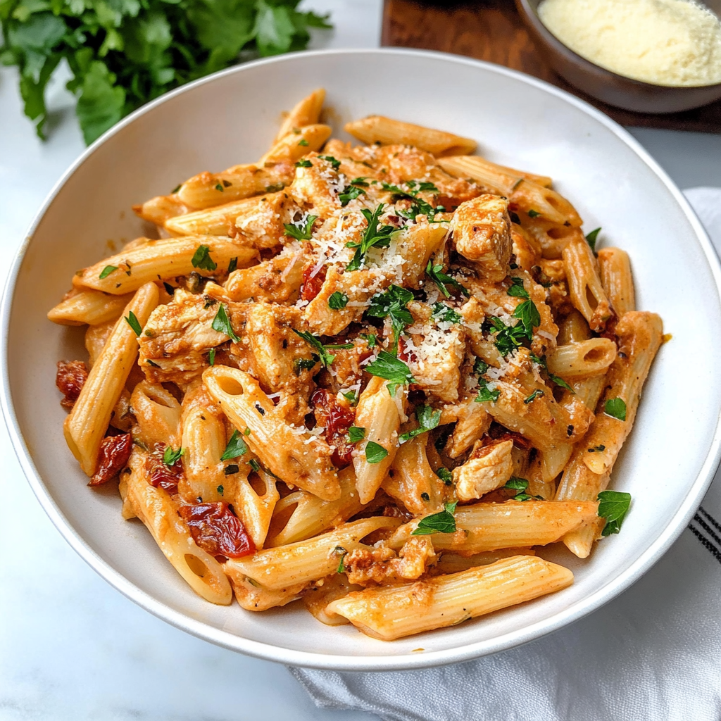 Recipe preparation for 30-Minute Creamy Sun-Dried Tomato Chicken Pasta