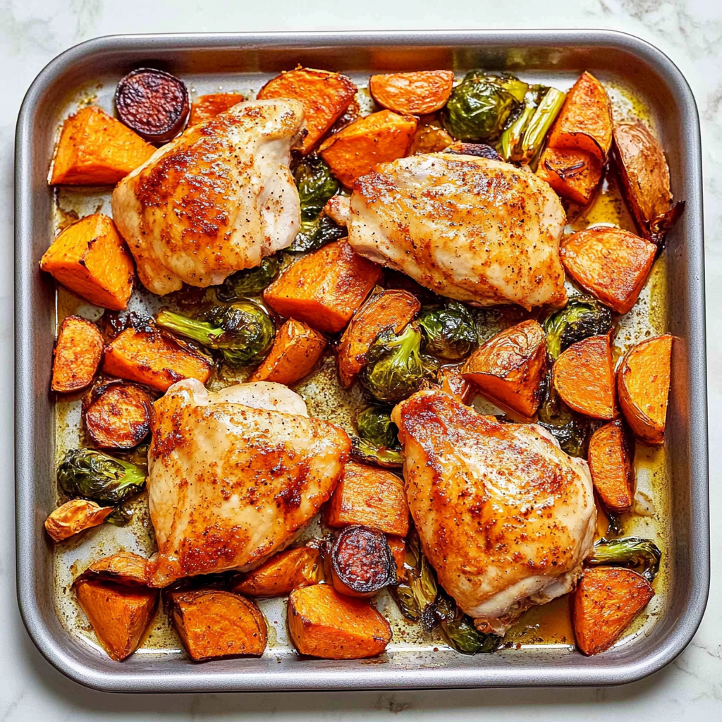 Recipe preparation for Cozy Sheet Pan Chicken with Brussels Sprouts and Sweet Potatoes