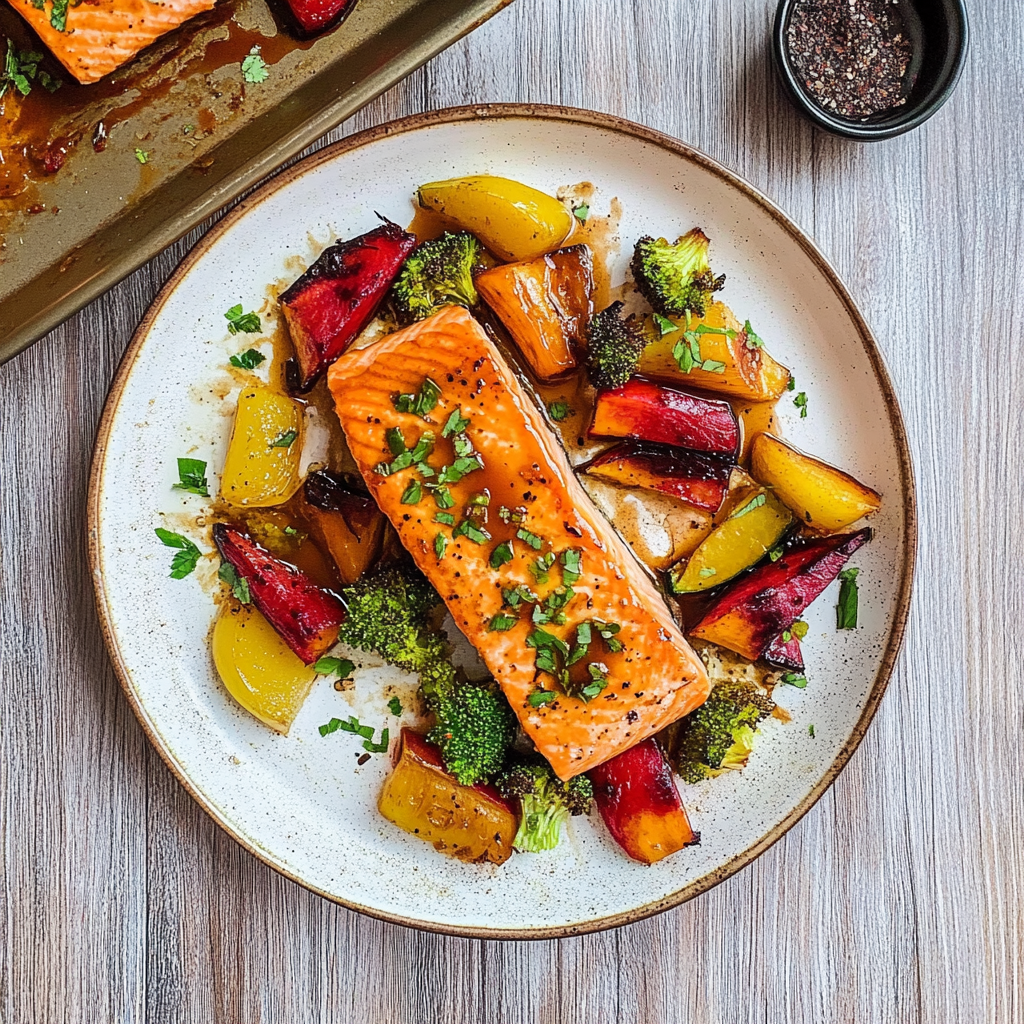 Recipe preparation for Sheet Pan Maple Dijon Salmon and Veggies