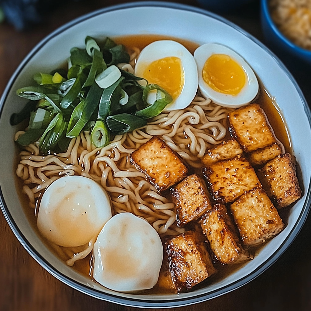 Recipe preparation for 30 minute Spicy Miso Ramen with Crispy Tofu