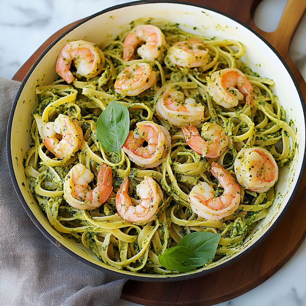 Recipe preparation for 30-Minute Creamy Pesto Shrimp Pasta