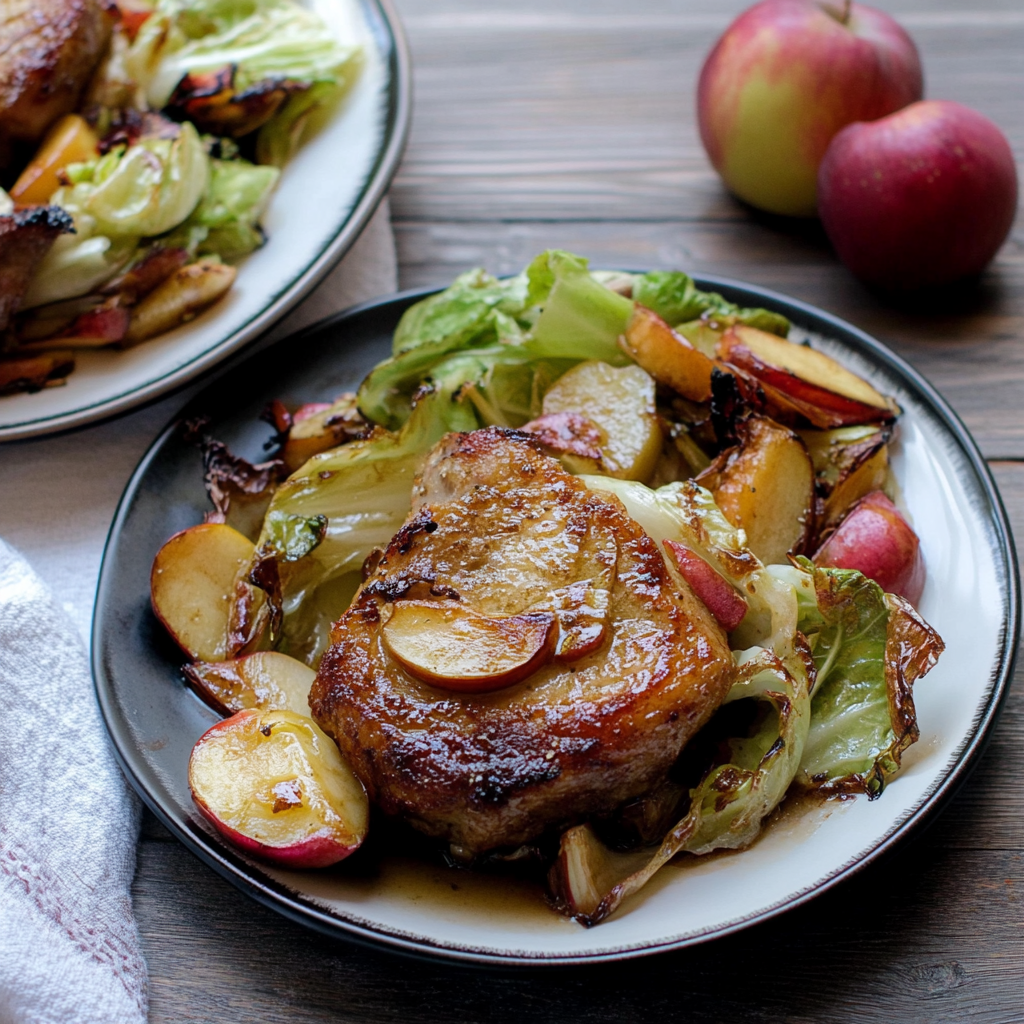 Recipe preparation for Sheet Pan Dijon Pork with Apples and Cabbage
