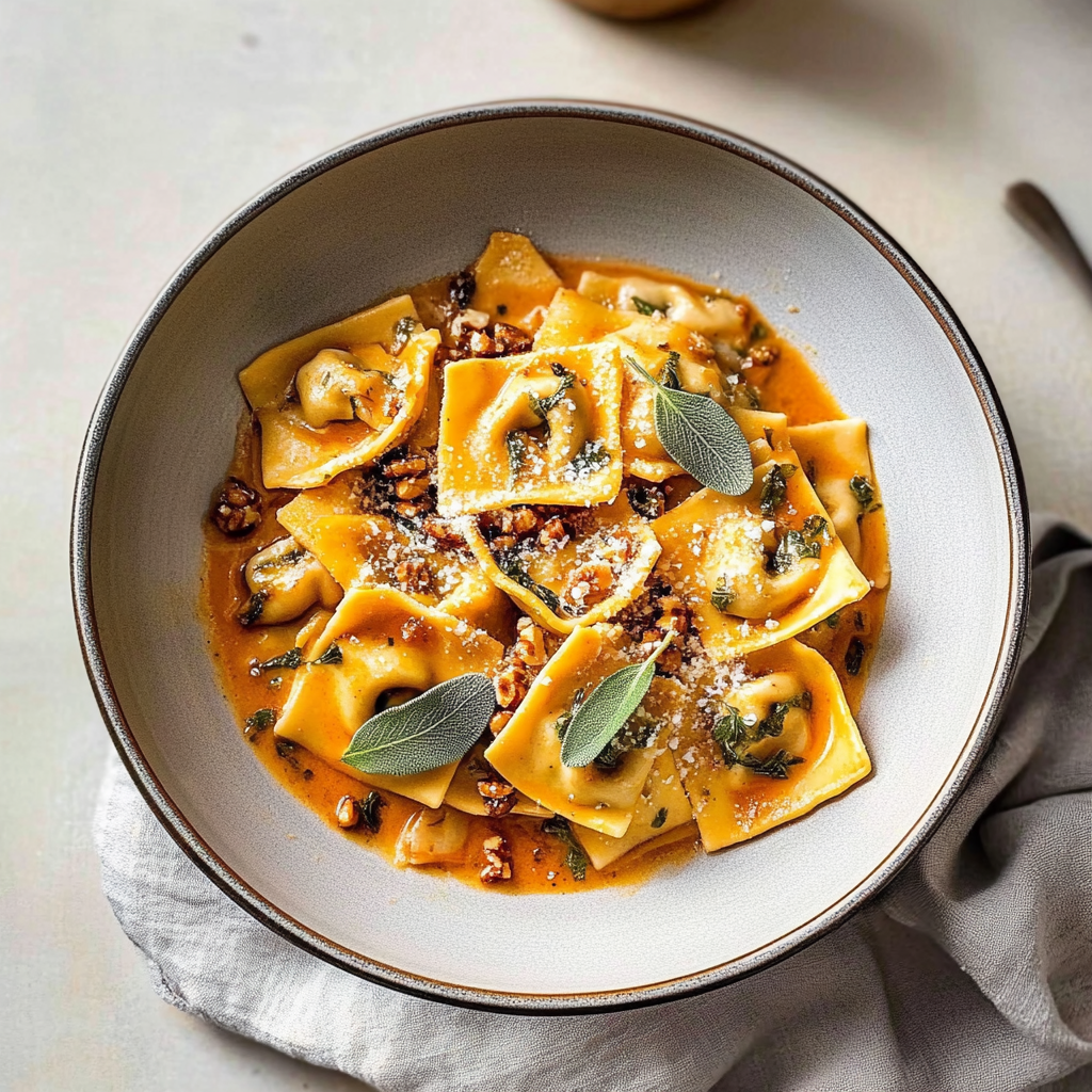 Recipe preparation for One-Pot Creamy Pumpkin Tortellini with Sage & Walnuts