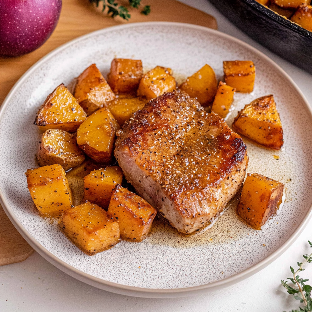 Recipe preparation for Sheet-Pan Pork Chops with Apple Cider Sauce & Sweet Potatoes