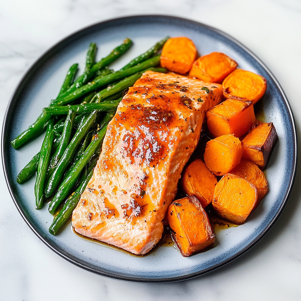 Recipe preparation for Sheet Pan Maple-Chipotle Salmon with Sweet Potato and Green Beans