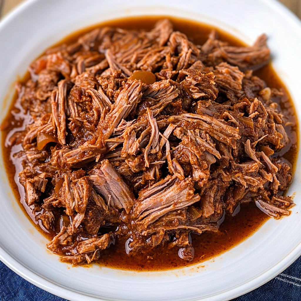 Recipe preparation for Slow Cooker Smoky Bourbon Pulled Beef