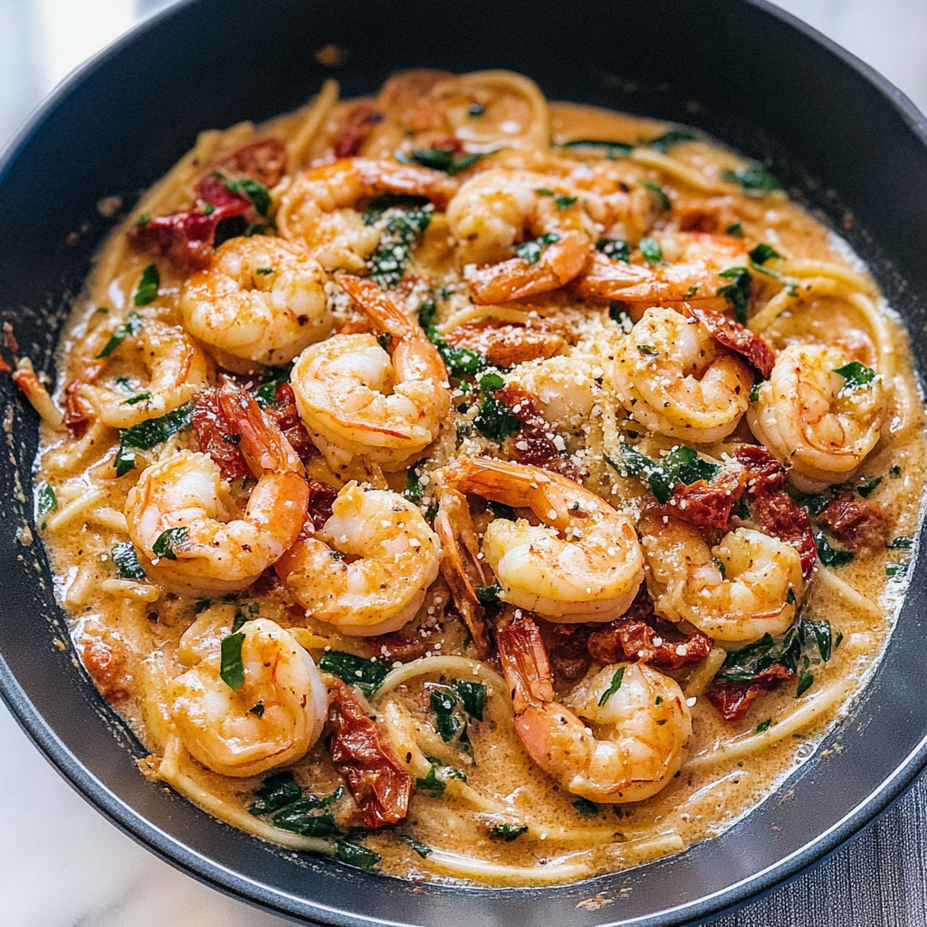 Recipe preparation for 30 minute Creamy Sun-Dried Tomato Shrimp Linguine