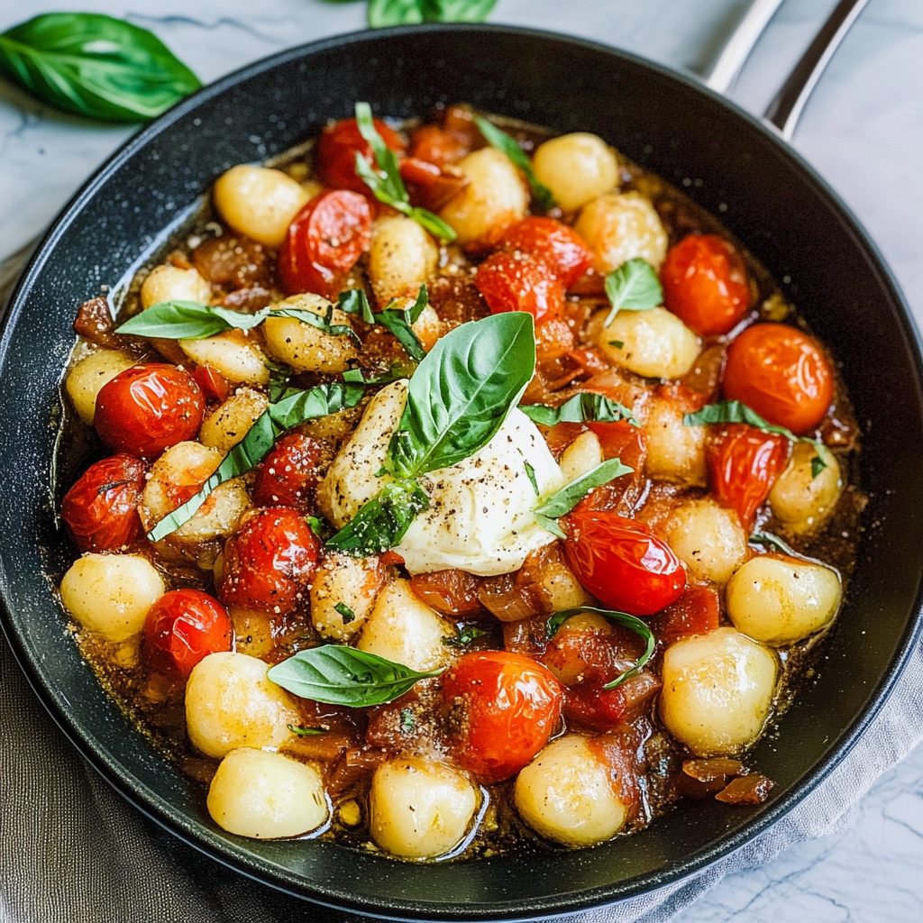 Recipe preparation for 30 minute Pesto Burrata Gnocchi with Cherry Tomatoes