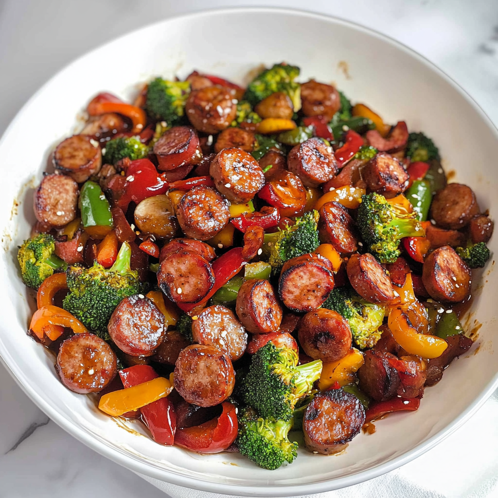 Recipe preparation for Sheet Pan Sausage, Broccoli & Red Peppers (Christmas Colors)