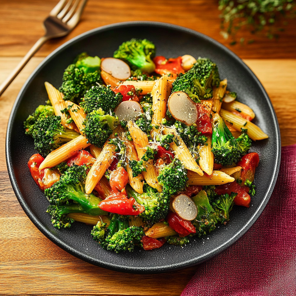 Recipe preparation for Christmas Veggie Pasta with Broccoli and Cherry Tomatoes