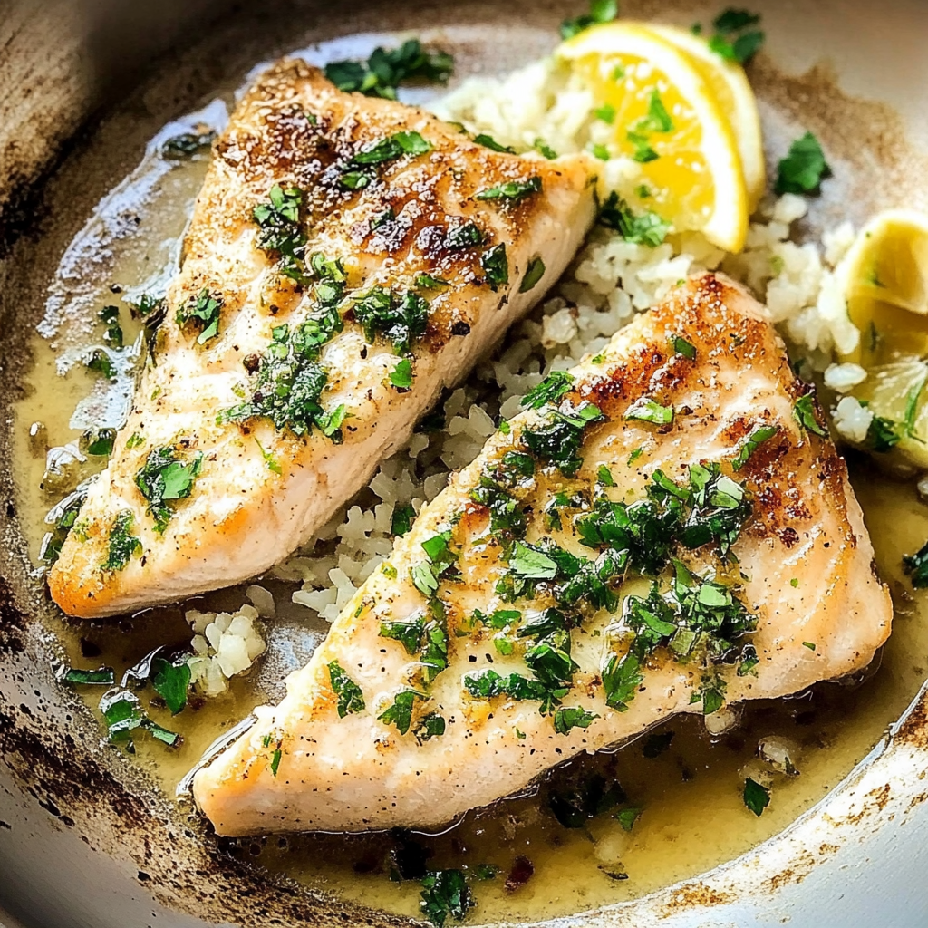 Recipe preparation for 30 minute Garlic Butter Swordfish with Herbed Rice