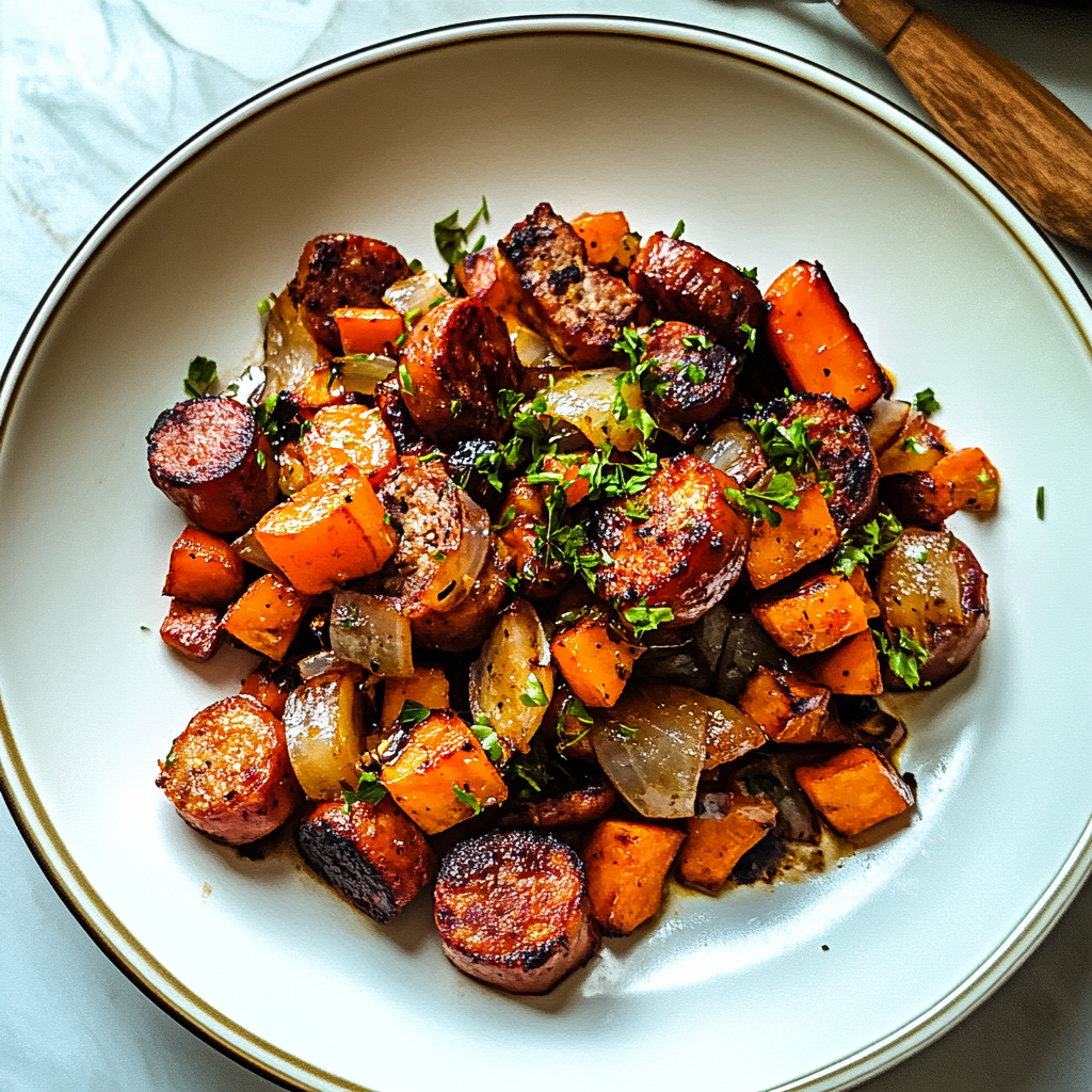 Recipe preparation for Sausage and Sweet Potato Skillet