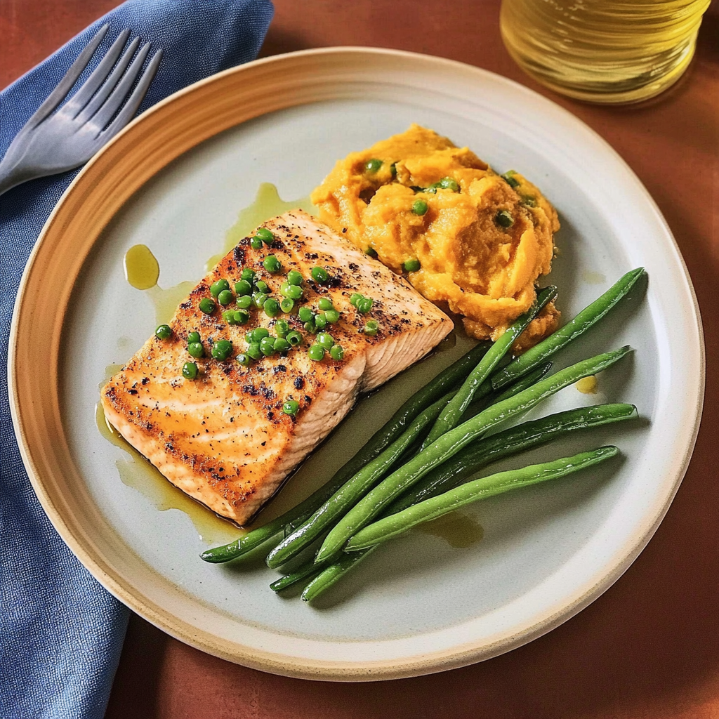 Recipe preparation for Maple-Chipotle Salmon with Sweet Potato and Green Beans
