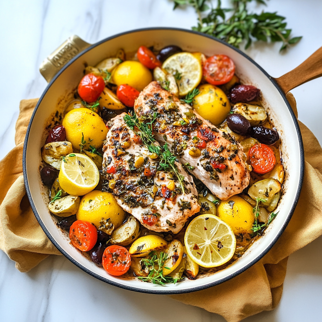 Recipe preparation for Mediterranean Lemon-Olive Chicken & Veggies